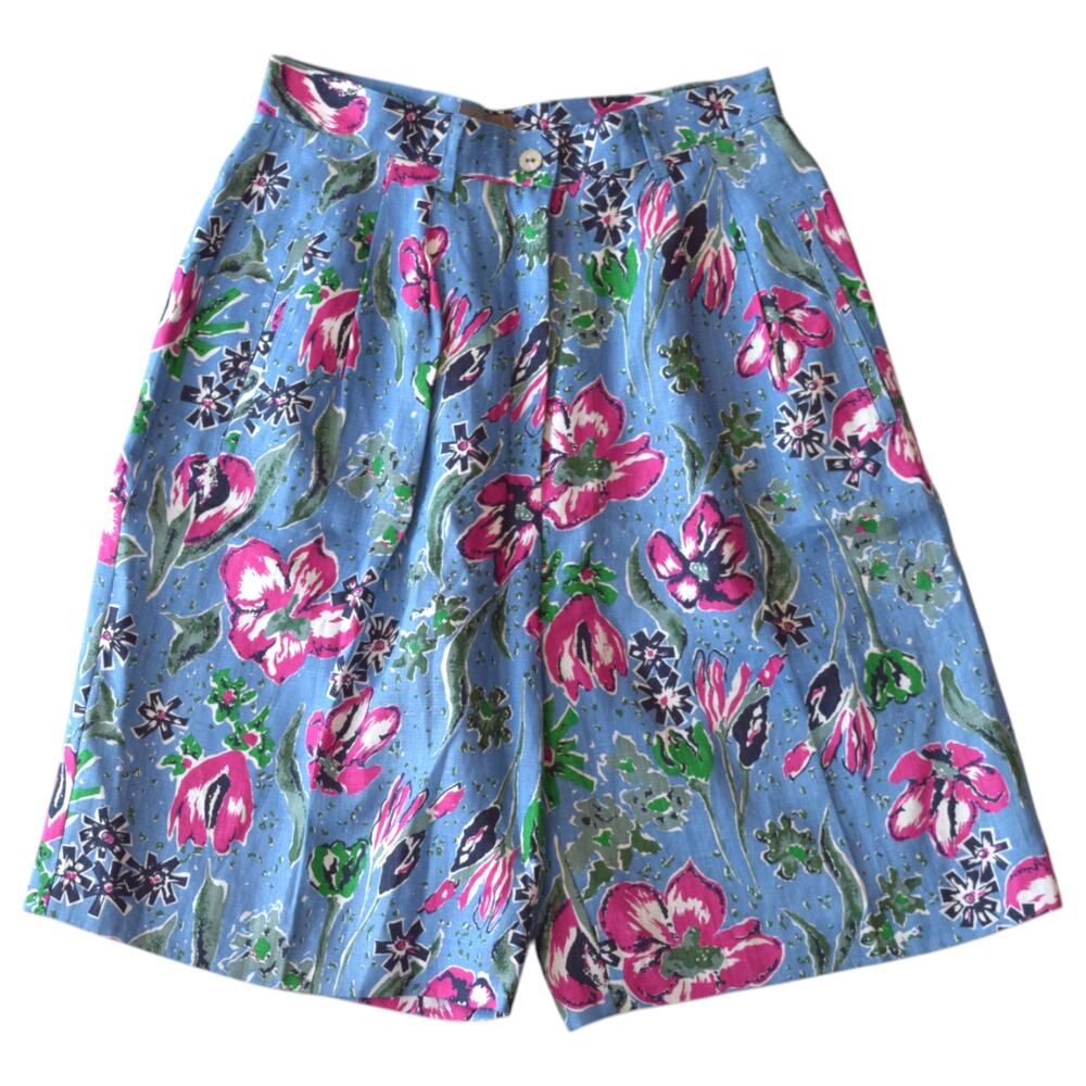 Vintage 90s Blue Floral High Waisted Linen Shorts Size M